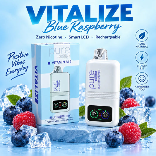 Hero product advertisement for Pure Mate Vitalize Blue Raspberry B12 with premium blue raspberry branding and conversion-focused text