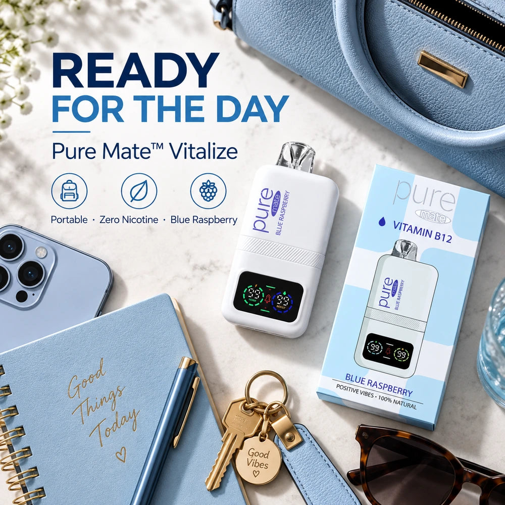 Pure Mate Vitalize Blue Raspberry B12 diffuser in a portable lifestyle scene with conversion-focused promotional copy