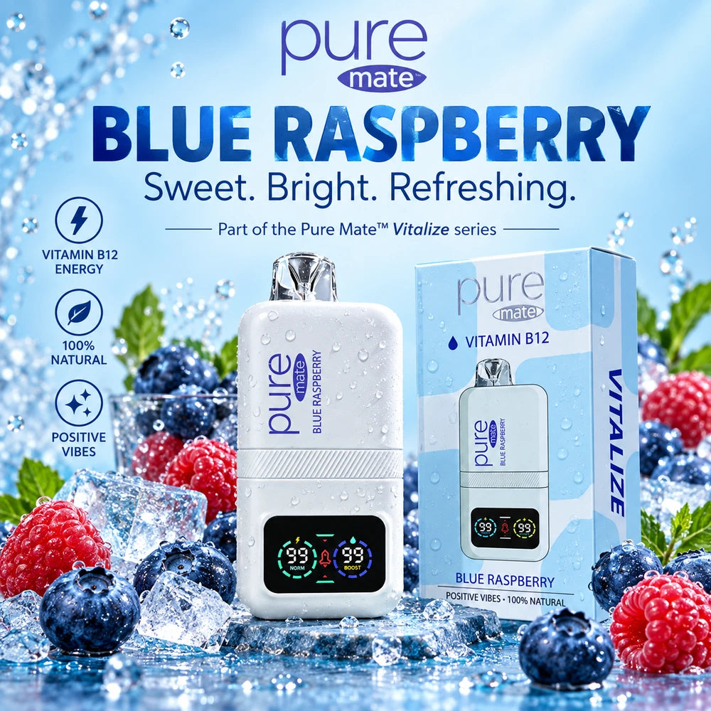 Pure Mate Vitalize Blue Raspberry B12 product advertisement with refreshing blue raspberry visual theme and promotional text