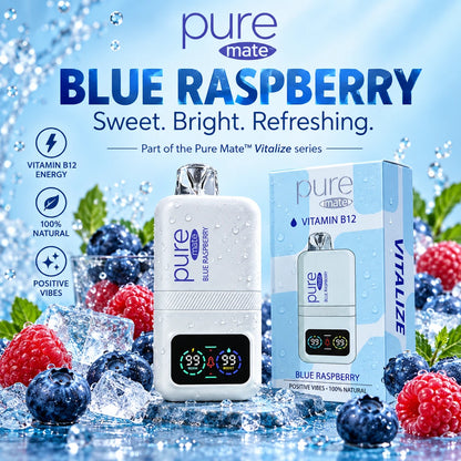 Pure Mate Vitalize Blue Raspberry B12 product advertisement with refreshing blue raspberry visual theme and promotional text