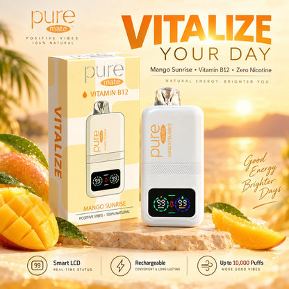 Pure Mate Vitalize Mango Sunrise Vitamin B12 zero nicotine diffuser with packaging and fresh mango in a sunrise-inspired setting