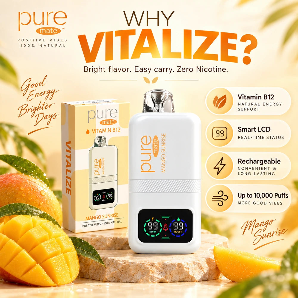 Pure Mate Vitalize Mango Sunrise device with packaging highlighting Vitamin B12, Smart LCD, rechargeable design and up to 10000 puffs