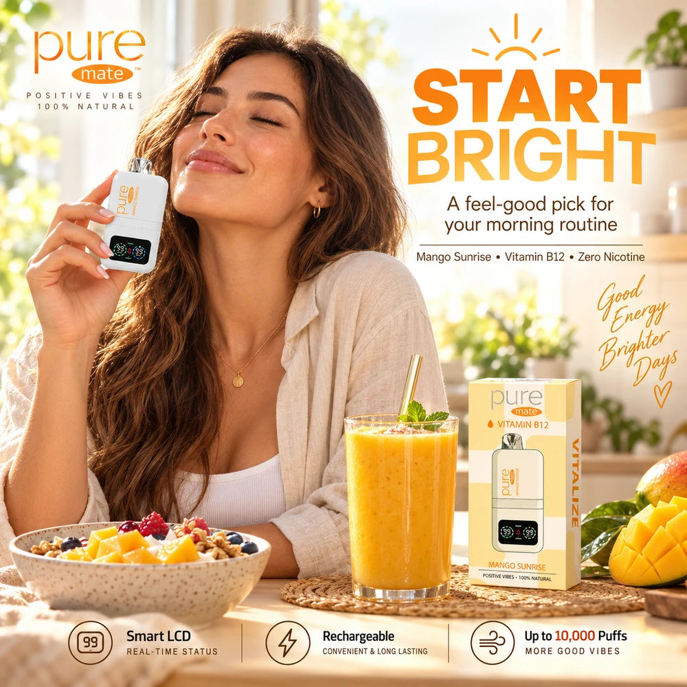 Woman holding Pure Mate Vitalize Mango Sunrise diffuser during a bright morning routine with mango smoothie and breakfast