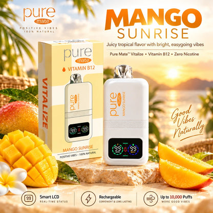 Pure Mate Vitalize Mango Sunrise diffuser and packaging with ripe mango in a warm tropical sunrise scene