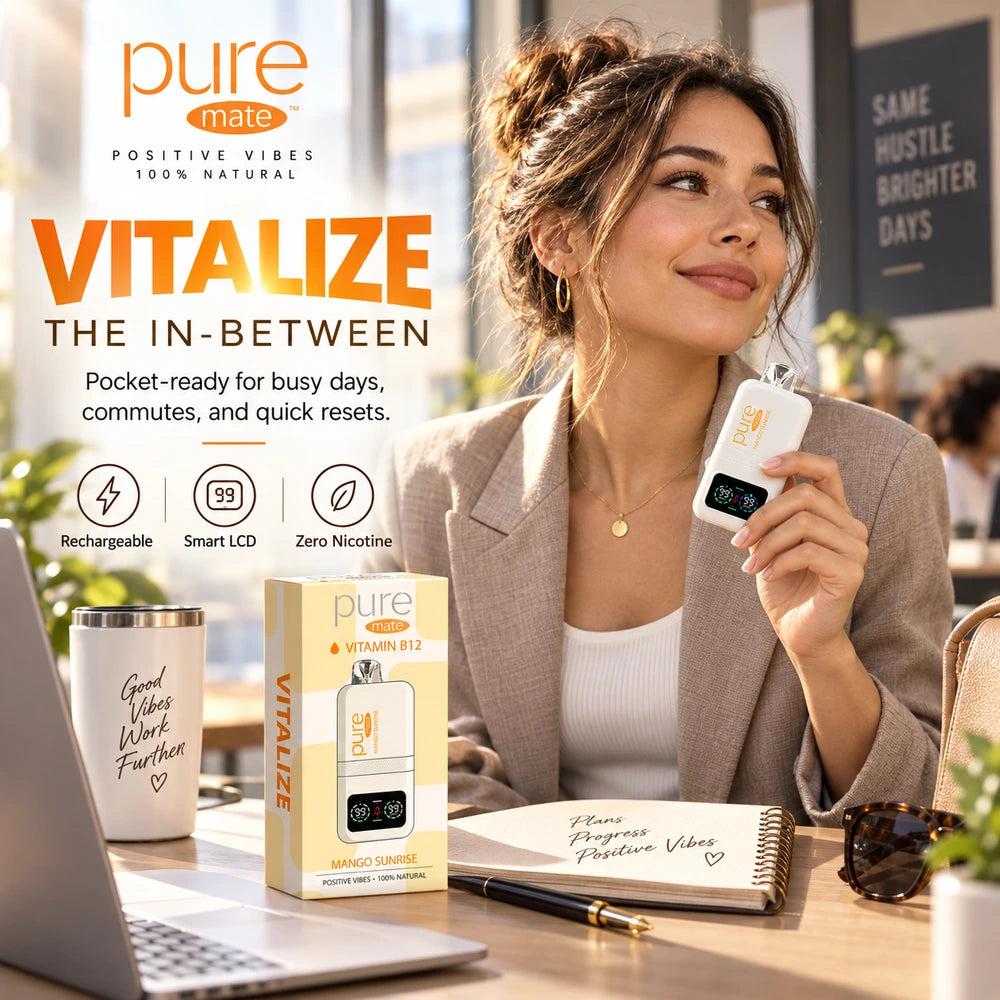 Woman holding Pure Mate Vitalize Mango Sunrise diffuser at a desk during a busy workday